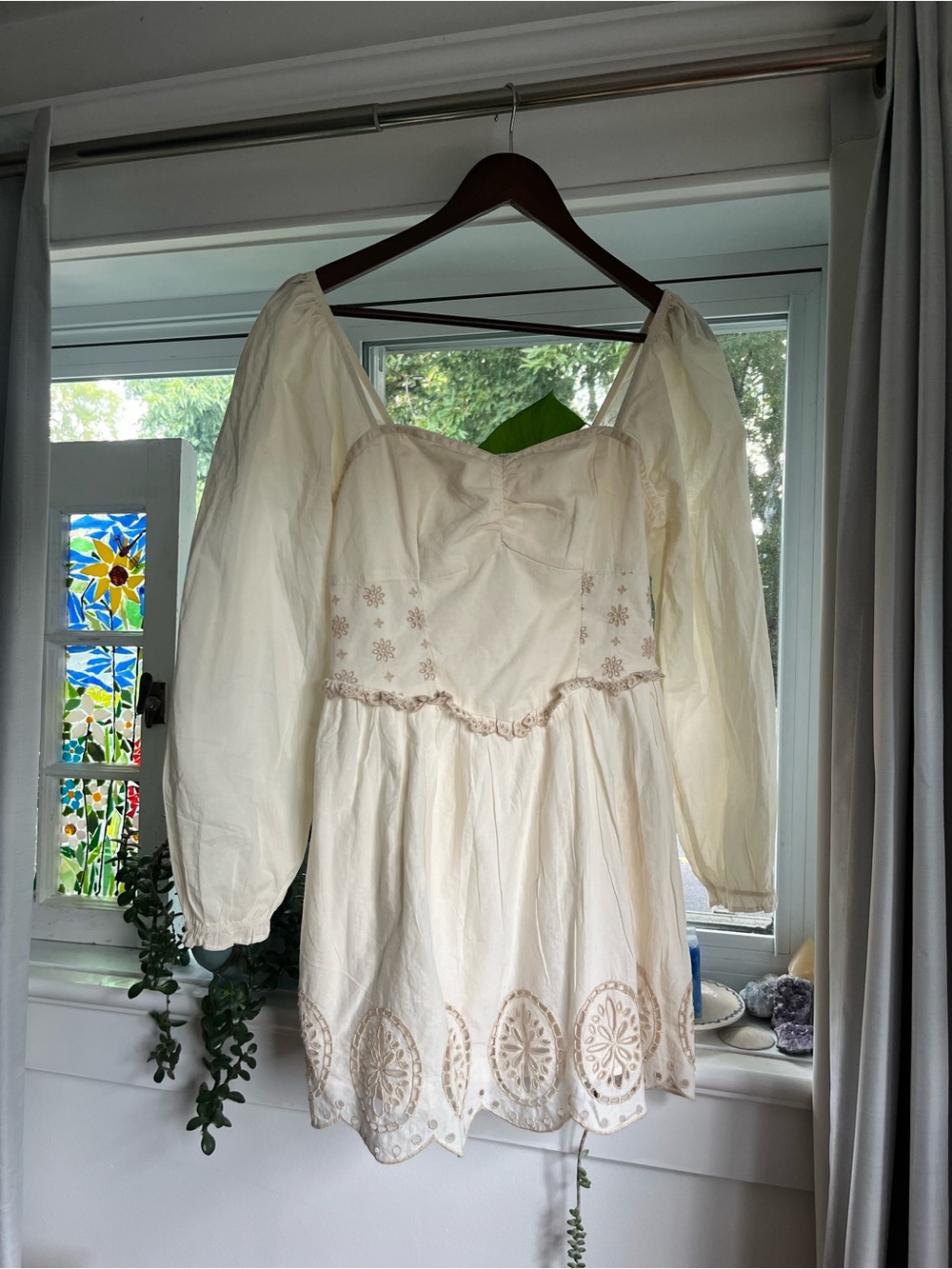 American Eagle Outfitters Cream Embroidered Puff-Sleeve Mini Dress